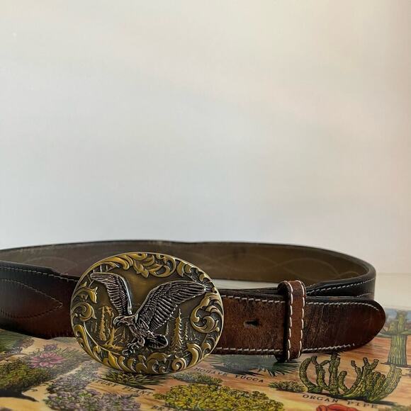 Vintage Distressed Stitched Brown Genuine Leather Eagle Buckle Belt - L - Picture 12 of 12